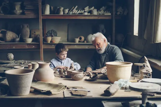 Grandfather and grandson work on pottery.
